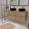 Meuble Salle de Bains 120cm 4 Tiroirs Chêne Naturel - 2 Vasques Rondes 41cm en Céramique Noire
