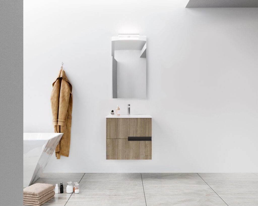 Meuble de salle de bains 60cm Chêne Foncé 2 tiroirs avec Vasque