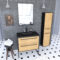 Ensemble Meuble de salle de bain blanc 80cm + vasque noir effet pierre + miroir + colonne rangement