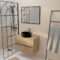 Meuble Salle de Bains 80cm 2 Tiroirs Chêne Naturel + Vasque Ronde Noire 36cm et Miroir 60x80cm