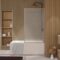 Pare baignoire pivotant 140x80 cm HINATA - style Japandi courbes douces Cadre effet bois - Verre 5mm