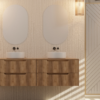 meuble salle de bain Japandi bois miroir vasque céramique produits de salle de bains paroi de douche japandi sérigraphié doré