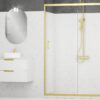 Porte de douche avec des profilés en or doré meuble salle de bain blanc laqué vasque en céramique blanc miroir ovale receveur en acrylique renforcé porte serviette mitigeur