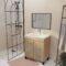 Meuble de salle de bains 70cm TIMBER Décor Chêne Naturel à Portes Vasque Blanche et Miroir 70x50