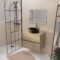 Meuble de salle de bains 70cm TIMBER Décor Chêne 2 tiroirs Vasque noire sur plan et miroir LED 70x50