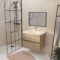 Meuble de salle de bains 70cm TIMBER Décor Chêne Naturel 2 Tiroirs Vasque Blanche et Miroir 70x50
