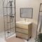 Meuble de salle de bains 70cm TIMBER Décor Chêne Naturel 3 Tiroirs Vasque Blanche et Miroir 70x50