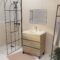 Meuble de salle de bains suspendu 70 TIMBER Décor Chêne 3 tiroirs Vasque blanche et miroir LED 70x50