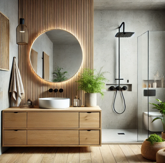 meuble salle de bain Japandi bois miroir vasque céramique produits de salle de bains paroi de douche porte de douche colonne de douche receveur meuble suspendu