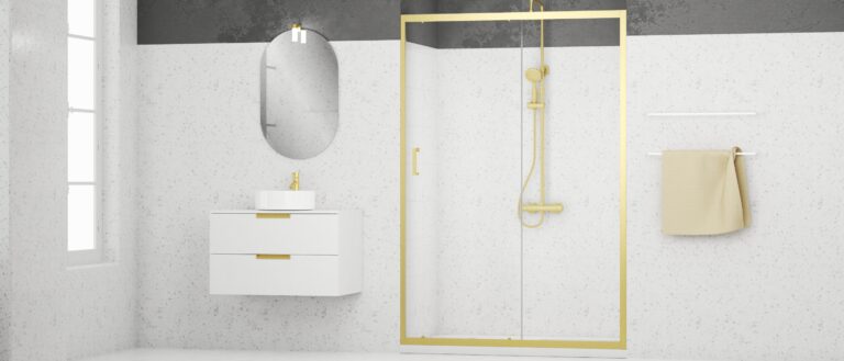 Porte de douche avec des profilés en or doré meuble salle de bain blanc laqué vasque en céramique blanc miroir ovale receveur en acrylique renforcé porte serviette mitigeur