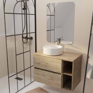 Meuble salle de bains 80 TIMBER Décor Chêne Tiroirs + Niches - Vasque Blanche - Miroir 60x80