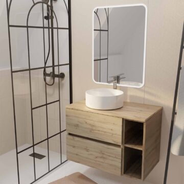 Meuble salle de bains 80 TIMBER Décor Chêne Tiroirs + Niches - Vasque Blanche - Miroir 60x80 LED