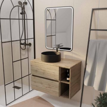 Meuble salle de bains 80 TIMBER Décor Chêne Tiroirs + Niches - Vasque et Miroir 60x80 LED bord Noir