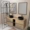 Meuble Salle de Bains 140 TIMBER Décor Chêne 4 Tiroirs et Module 2 Vasques Noires 2 Miroirs 60x80