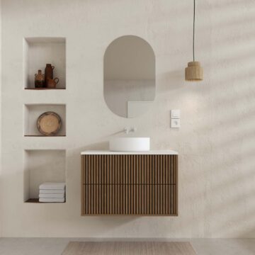Meuble Salle de Bains 60 2 Tiroirs Décor Chêne et Noir - Vasque et Plan Blancs - Miroir Ovale