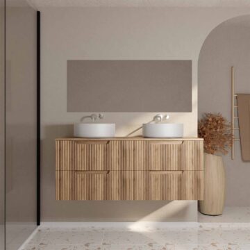 Meuble de Salle de Bains LEON 120cm Décor Bois - 4 Tiroirs en MDF Ondules - Vasques Rondes 36cm