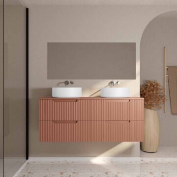 Meuble de Salle de Bains LEON 120cm Terracotta - 4 Tiroirs en MDF Ondules - Vasques Rondes 36cm