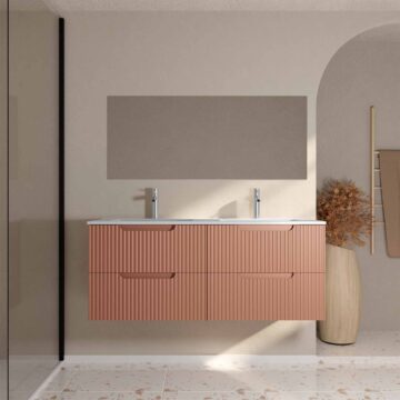Meuble de Salle de Bains LEON 120cm Terracotta - 4 Tiroirs en MDF Ondulés - Vasque à encastrer