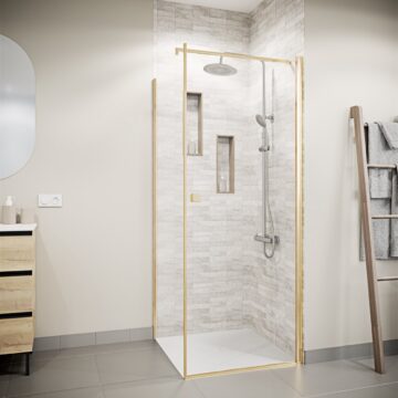 Porte de Douche Pivotante 90x180cm et Retour 90cm - Verre 8mm Anticalcaire - Profil Or Brosse