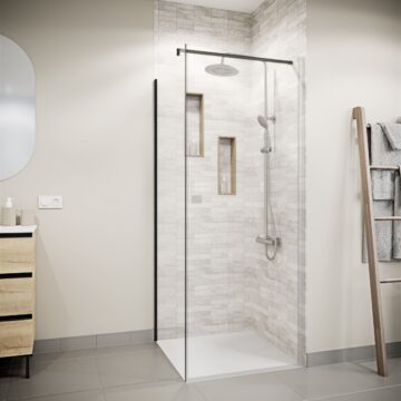 Retour pour Porte de Douche 90×195cm Verre Trempe 8mm Anticalcaire - Alu Noir - DARK ELEMENTARY