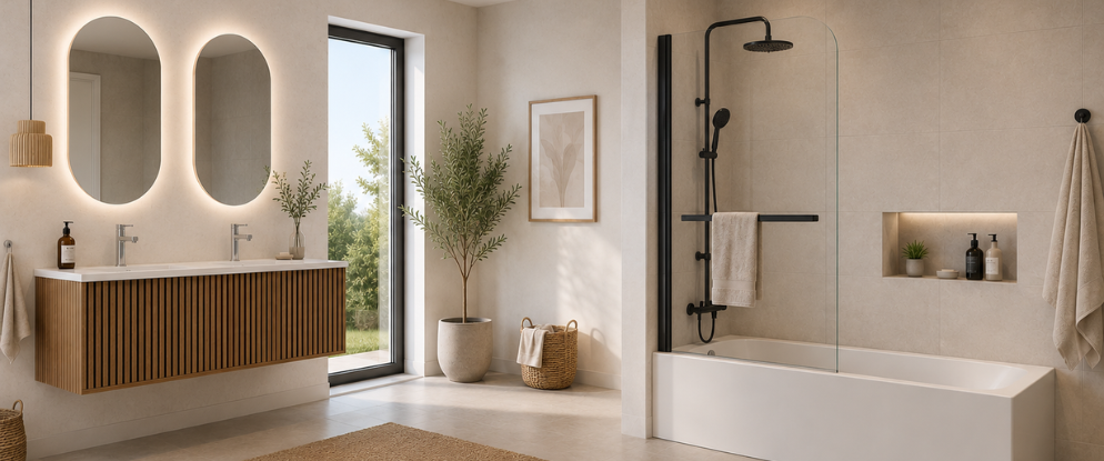 pare baignoire noir mat meuble salle de bain miroir