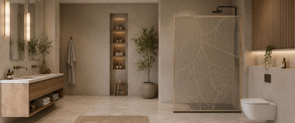 Salle de bains moderne aux tons beiges avec double vasque en bois, douche à l'italienne et cloison décorative texturée