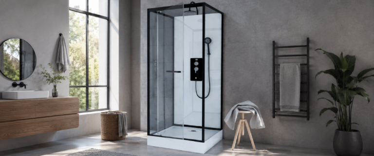 Cabine de douche rectangulaire à cadre noir avec porte vitrée installée dans une salle de bain moderne et lumineuse.