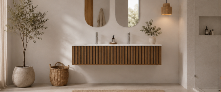 Salle de bain moderne et minimaliste avec un meuble double vasque suspendu en bois à lames verticales, plan de travail blanc, deux miroirs aux angles arrondis, robinetterie chromée, douche à l'italienne vitrée, suspension en bois, plante verte, panier en osier et tapis en fibres naturelles, dans une ambiance lumineuse et chaleureuse.