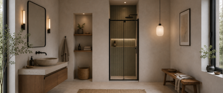 Salle de bain moderne au style minimaliste avec une douche à porte coulissante en verre et cadre noir mat d'environ 100 cm de large, centrée au fond de la pièce. À gauche, un meuble vasque suspendu en bois avec plan en pierre et grand miroir aux angles arrondis. À droite, un banc en bois sous une grande fenêtre noire. Les murs en enduit beige, le carrelage clair, les touches de bois et les plantes créent une ambiance chaleureuse et épurée, sans toilettes visibles.